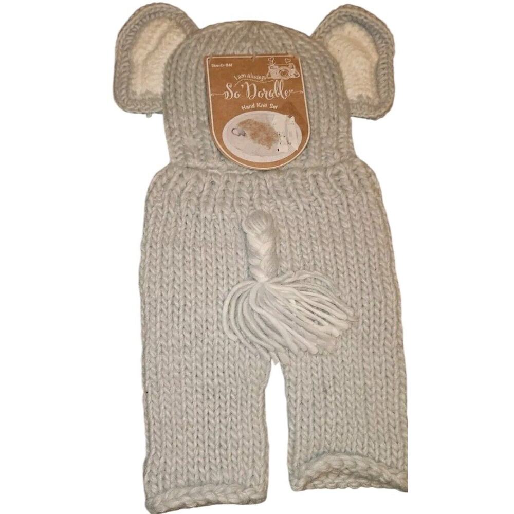 So Dorable Newborn Elephant Hat & Pants Hand Knit Set gray and white 0-3 mths